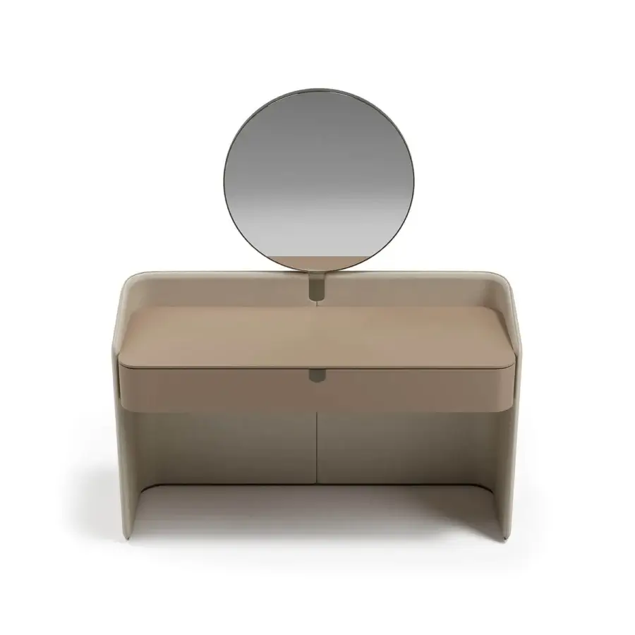Exceptional Capital Suite vanity with lacquered front and smooth leather wrapping in muted beige with matte finish