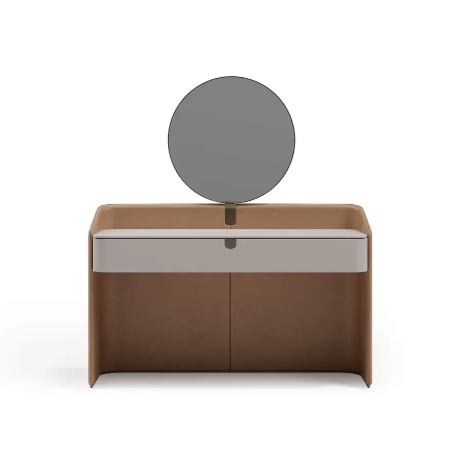 Superior Capital Suite vanity crafted with smooth leather and lacquered front in warm medium-brown with metallic accents and sleek round mirror
