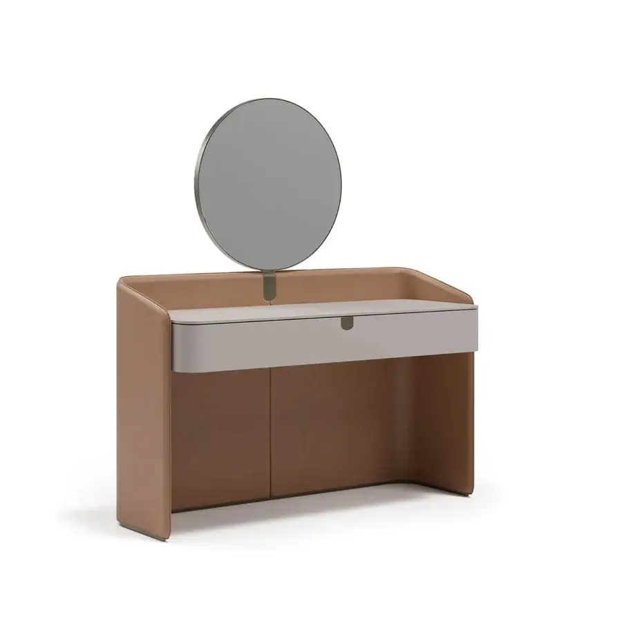 Elegant Capital Suite vanity with lacquered white and muted tan leather-wrapped body, accented by metallic finish and sleek gray mirror