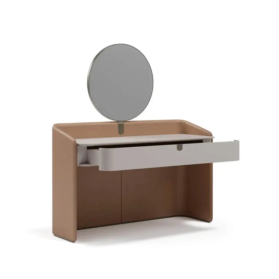 Exceptional Capital Suite vanity with smooth tan leather exterior and lacquered drawer front crafted in Italy with metallic accents