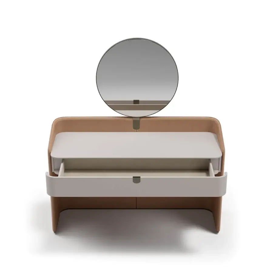 Distinguished Capital Suite vanity with lacquered front, smooth leather wrapping, and warm brown wood accents