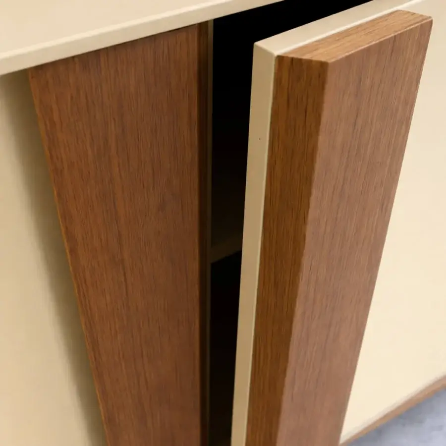 Exceptional Ivano Antonello Italia Olimpia sideboard with lacquered wood and detailed panels in warm brown and creamy off-white with satin finish