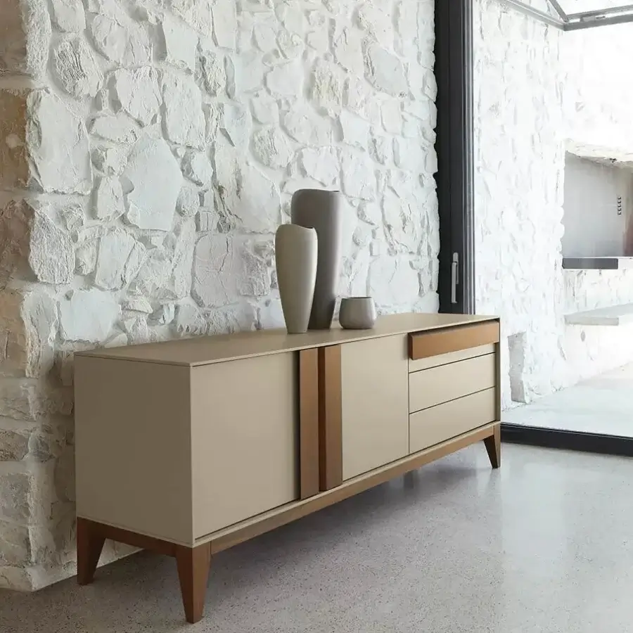 Distinguished Ivano Antonello Italia Olimpia sideboard with lacquered wood, warm wood accents and refined detailing