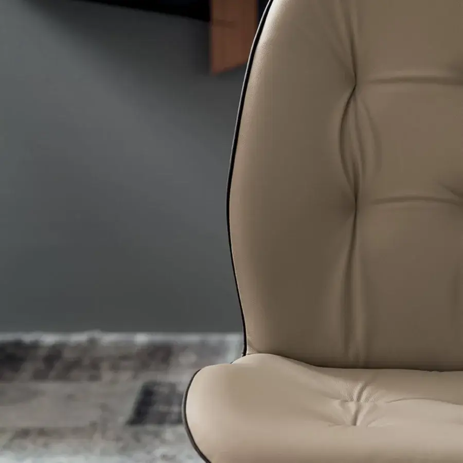 Elegant Tonin Casa Sorrento chair with oak finished ash wood and neutral beige leatherette upholstery crafted with tailored creasing