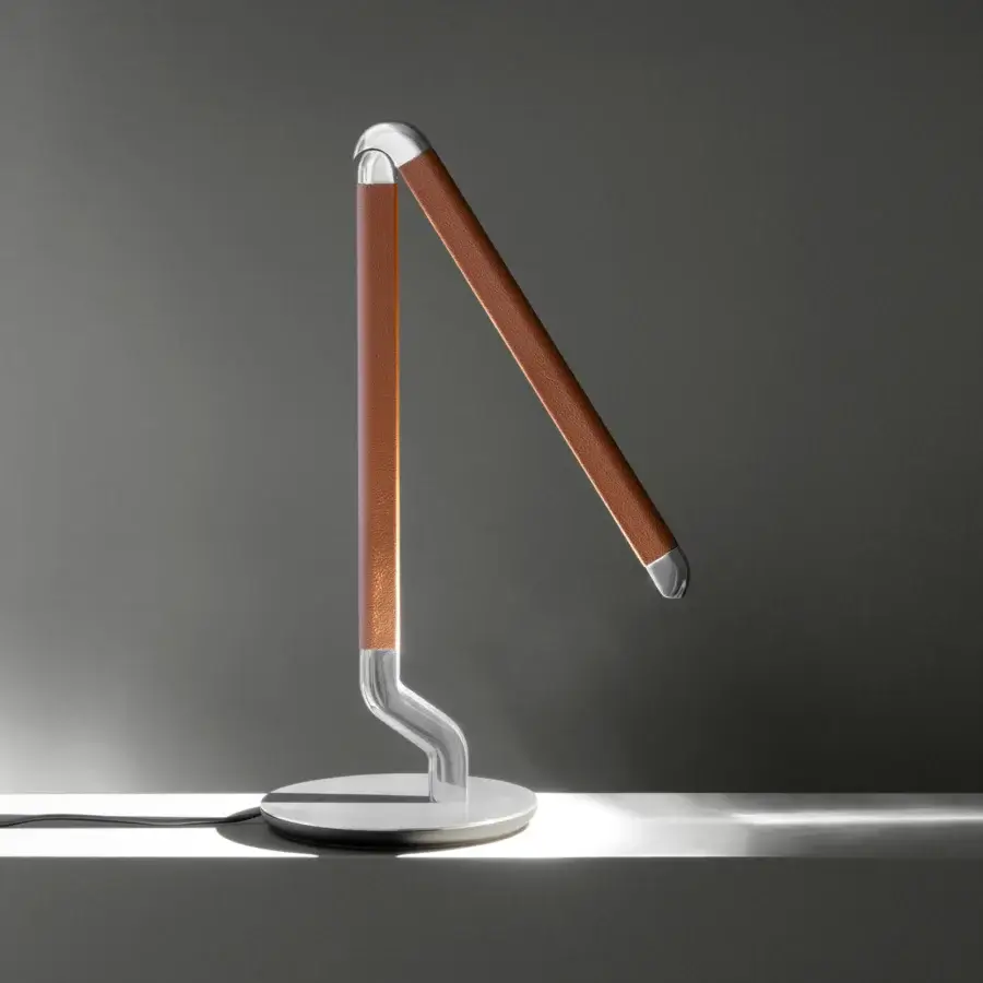 Superior Contardi Picchio lamp crafted in polished metal with a textured brown textile stem and refined finish
