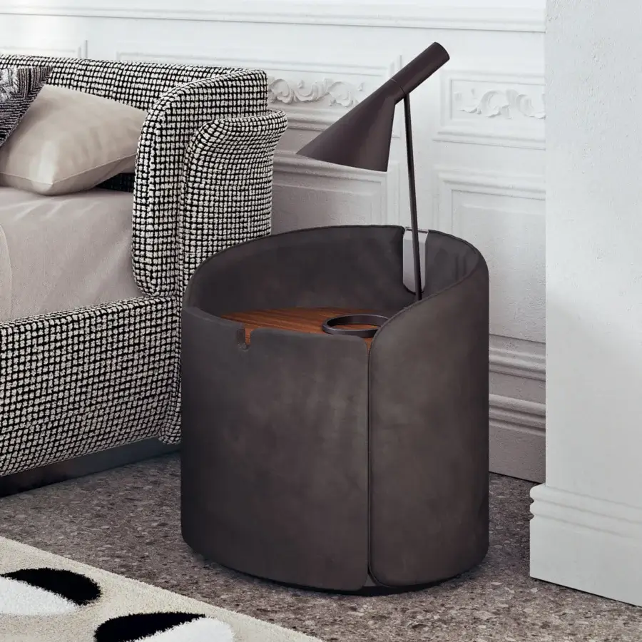 Distinguished Capital Suite nightstand upholstered in luxurious leather with a muted gray finish and warm-toned wooden interiors