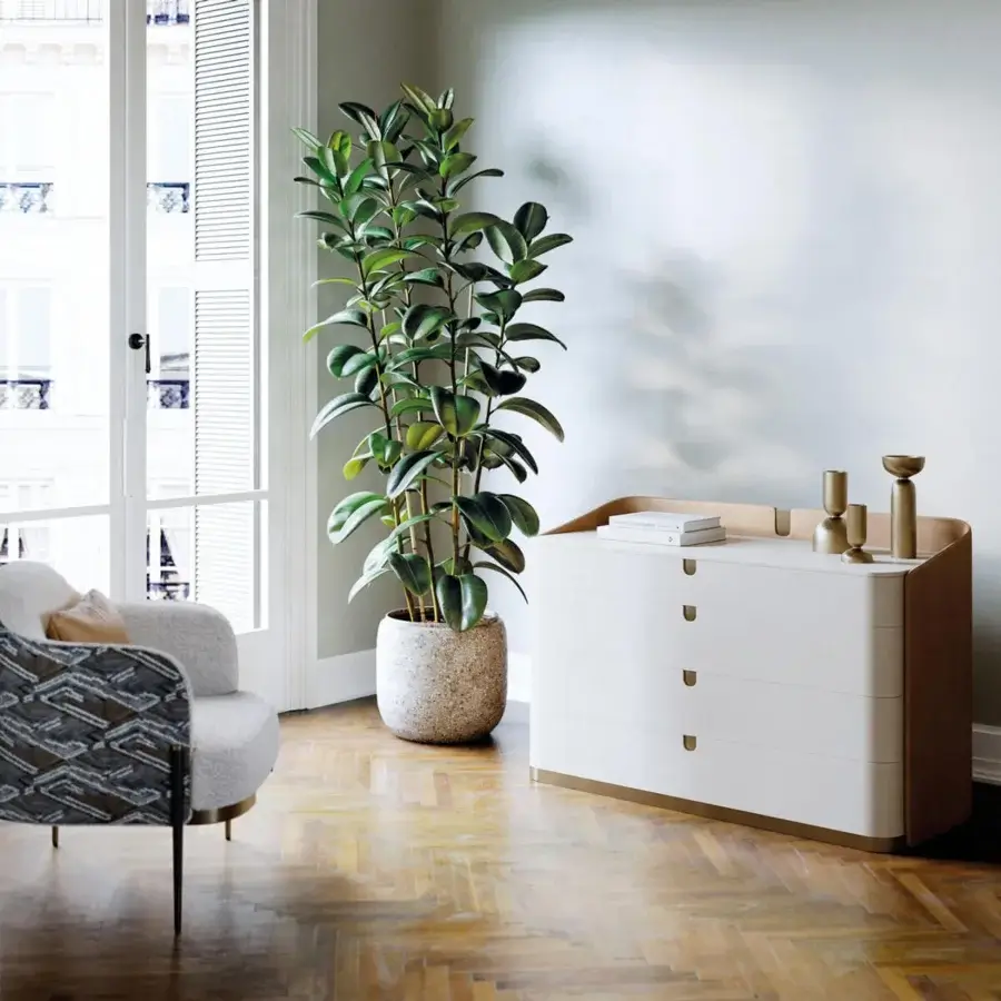 Exceptional Capital Suite dresser with sumptuous leather and lacquered finish in warm off-white with light wood detail