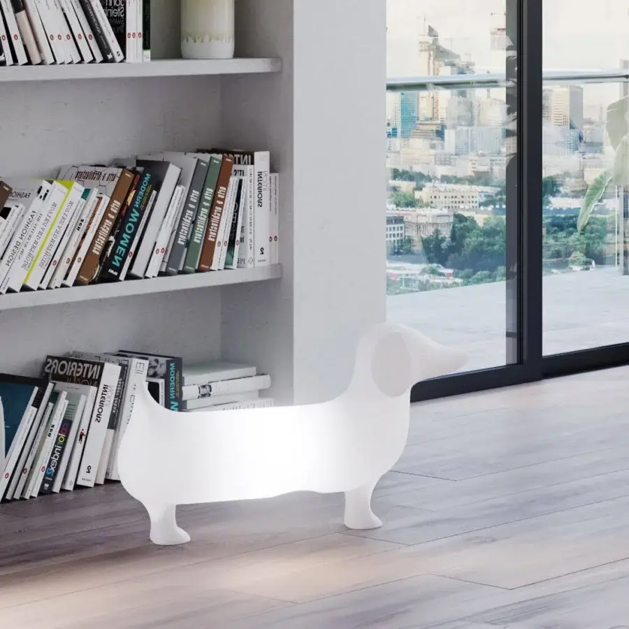 Exceptional Serralunga Otto sculpture with dachshund-inspired form crafted in glossy white recyclable LLDPE plastic with integrated RGBW lighting