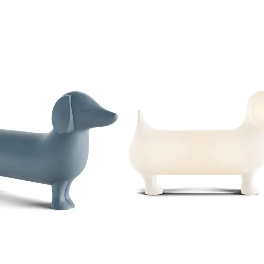 Captivating Serralunga Otto sculpture with dachshund form crafted in off-white LLDPE plastic with Moleskin finish