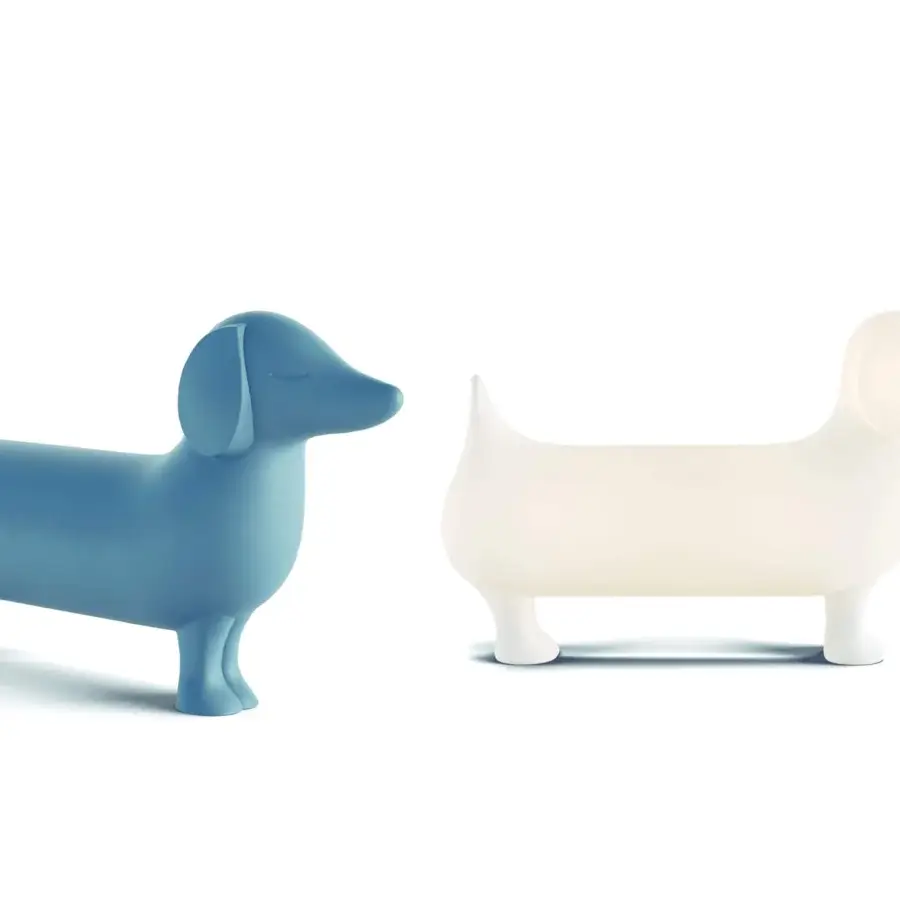 Superior Serralunga Otto sculpture with dachshund form crafted in muted blue LLDPE plastic with matte finish