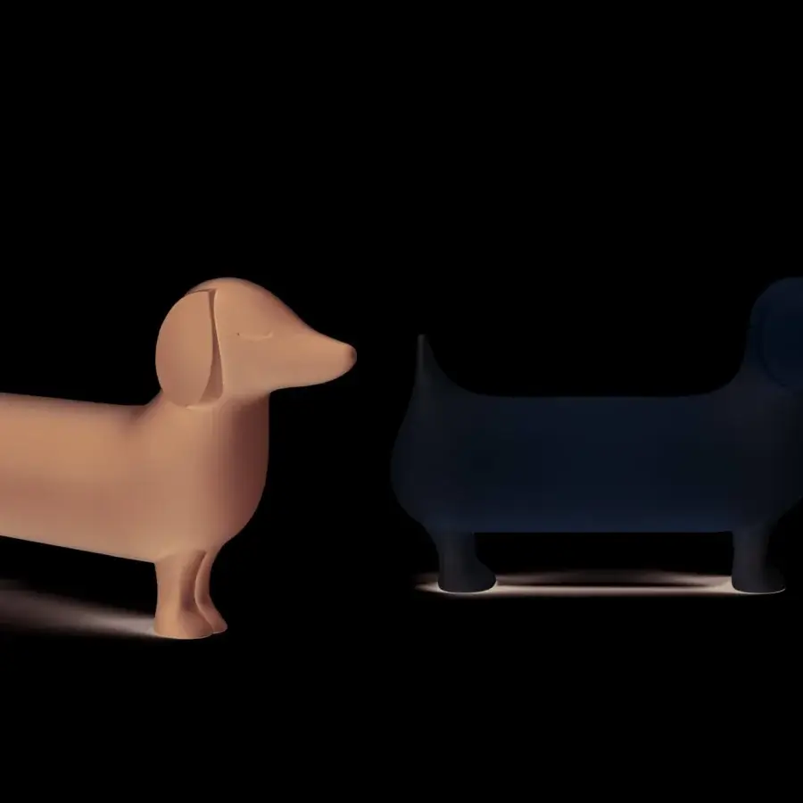 Distinguished Serralunga Otto sculpture playfully captures a dachshund form crafted in tan LLDPE with textured Moleskin finish