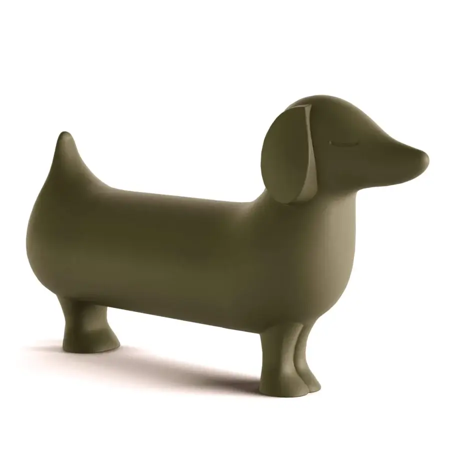 Exceptional Serralunga Otto sculpture playfully embodies a dachshund form crafted in muted olive green LLDPE plastic with Moleskin finish