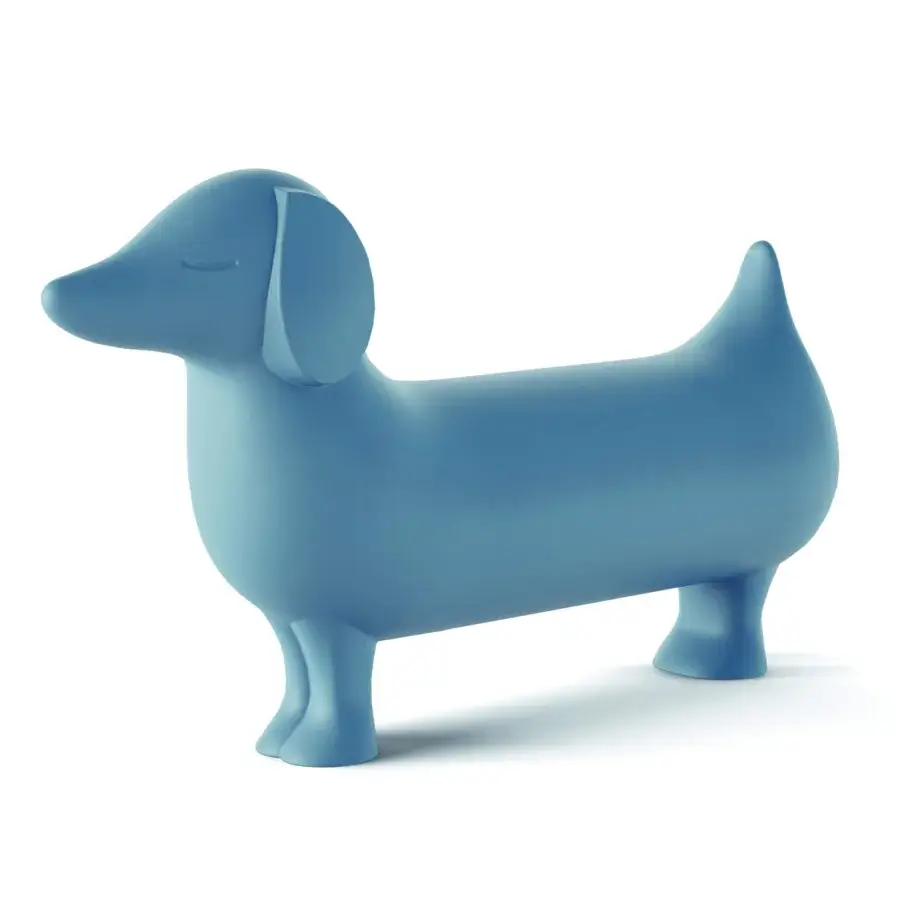 Elegant Serralunga Otto sculpture playfully embodies a dachshund form crafted in muted blue LLDPE plastic with Moleskin finish