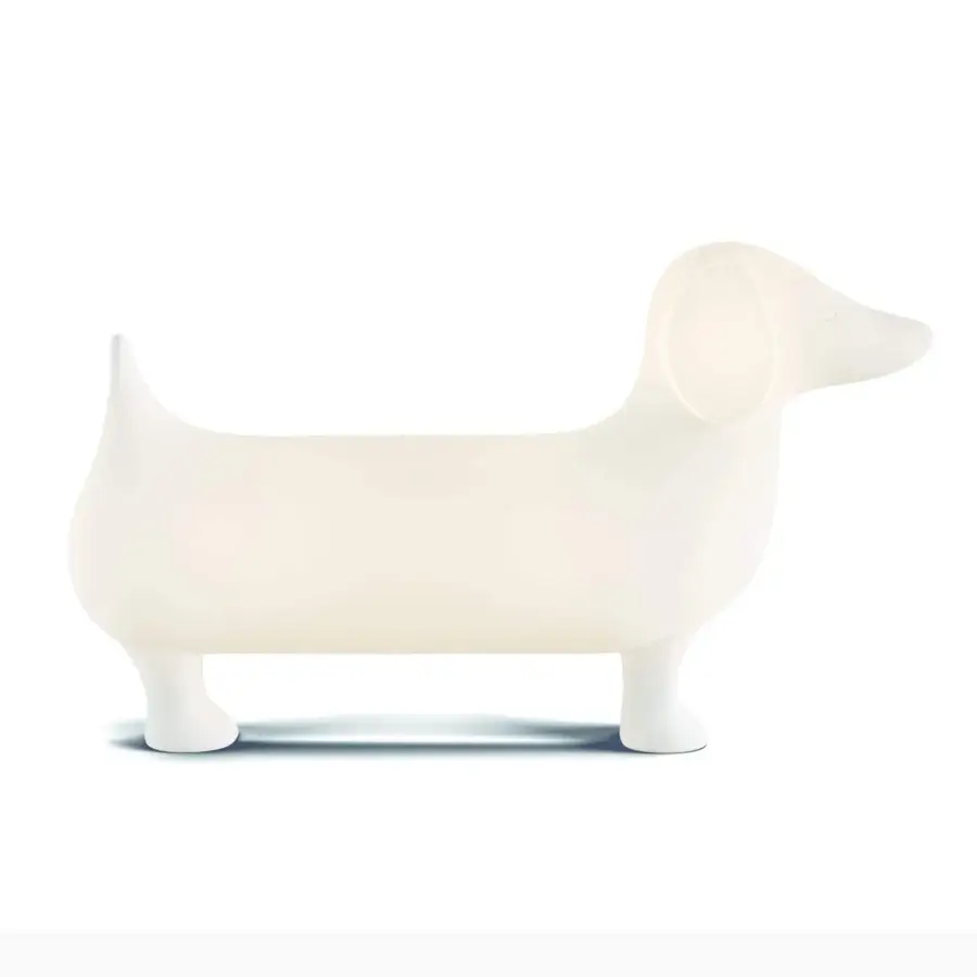 Superior Serralunga Otto sculpture playfully embodies a dachshund form crafted in pale off-white LLDPE with Moleskin finish and RGBW lighting