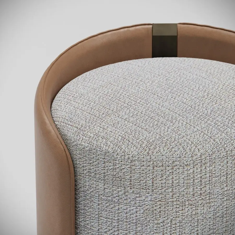 Exceptional Capital Suite ottoman with woven neutral textile and sculpted medium-brown leather upholstery built with wood