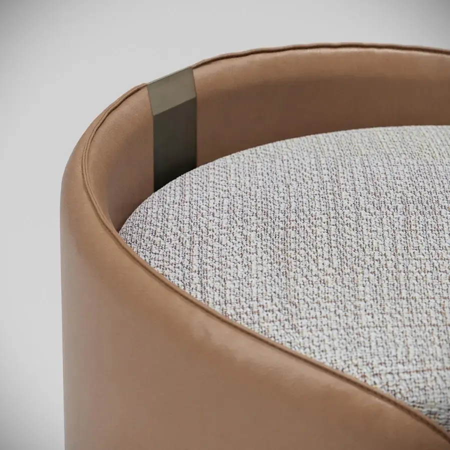 Distinguished Capital Suite ottoman with warm tan synthetic leather shell and subtly textured off-white woven seat crafted in Italy