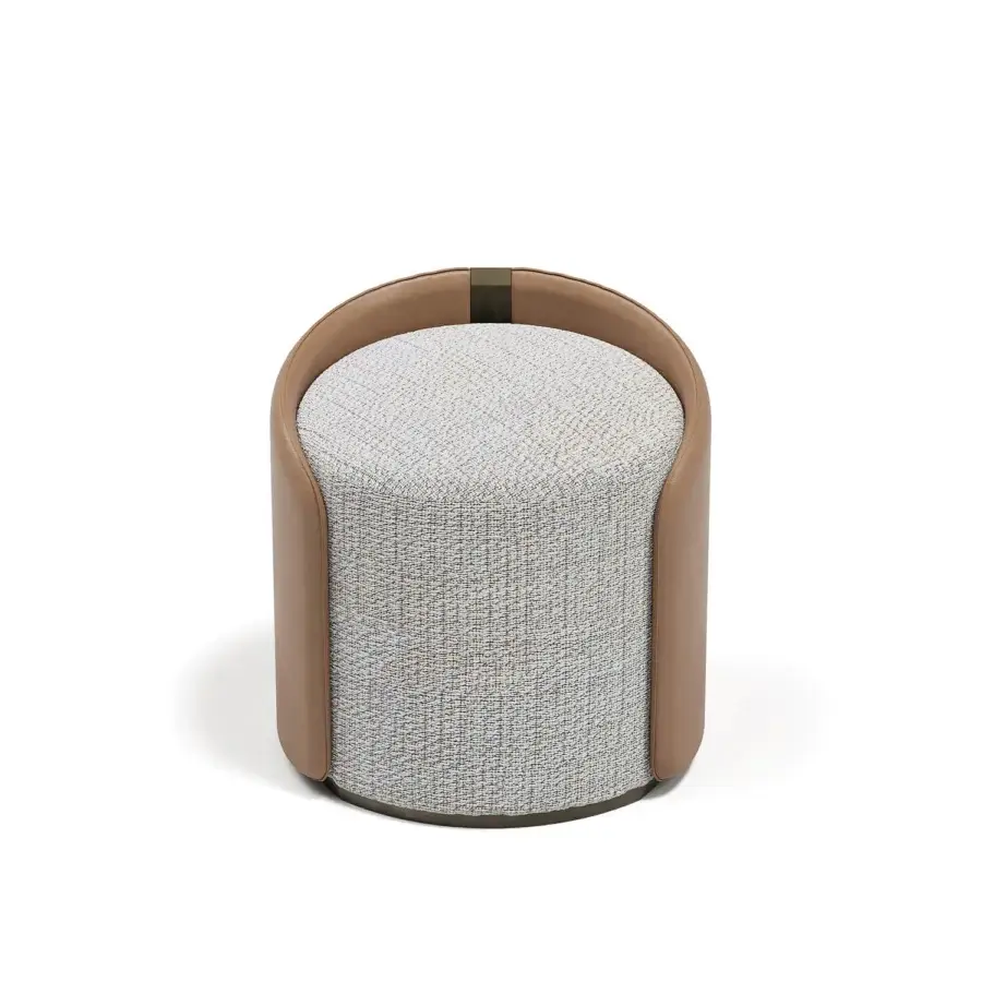 Exceptional Capital Suite ottoman with sculpted leather shell, light gray textile upholstery and satin-finish wood band