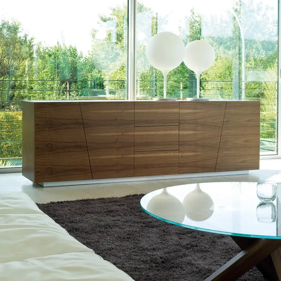 Superior Ivano Antonello Italia Parigi sideboard crafted from wood with a satin finish and converging lines on doors with an aluminum base