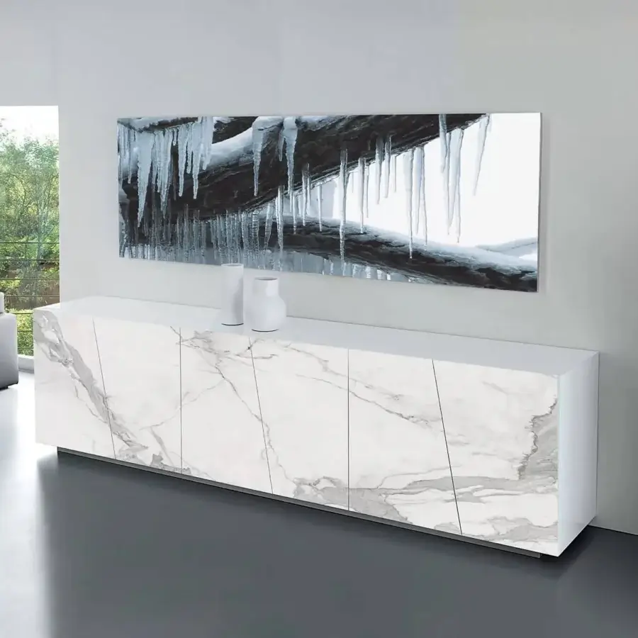 Elegant Ivano Antonello Italia Parigi sideboard with white ceramic and gray veining over aluminum base