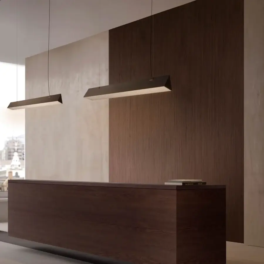 Superior Contardi Stick suspension lamp crafted in metal with a matte dark brown finish and lighter wood veneer