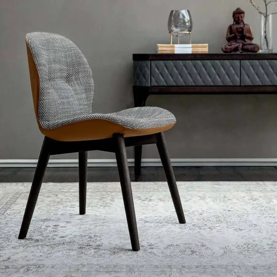 Superior Tonin Casa Sorrento Ésprit chair with textured gray textile and tan accents built with dark-stained wood legs