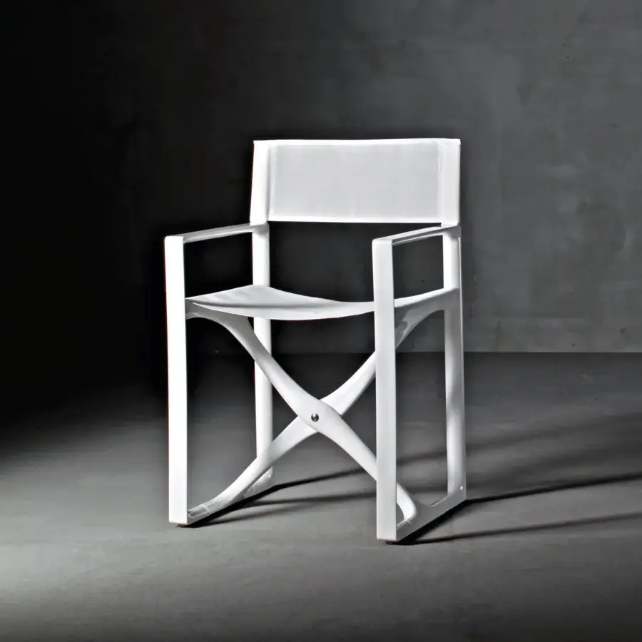 Distinguished Serralunga Regista armchair with a sleek white polyamide frame and durable Batyline fabric construction