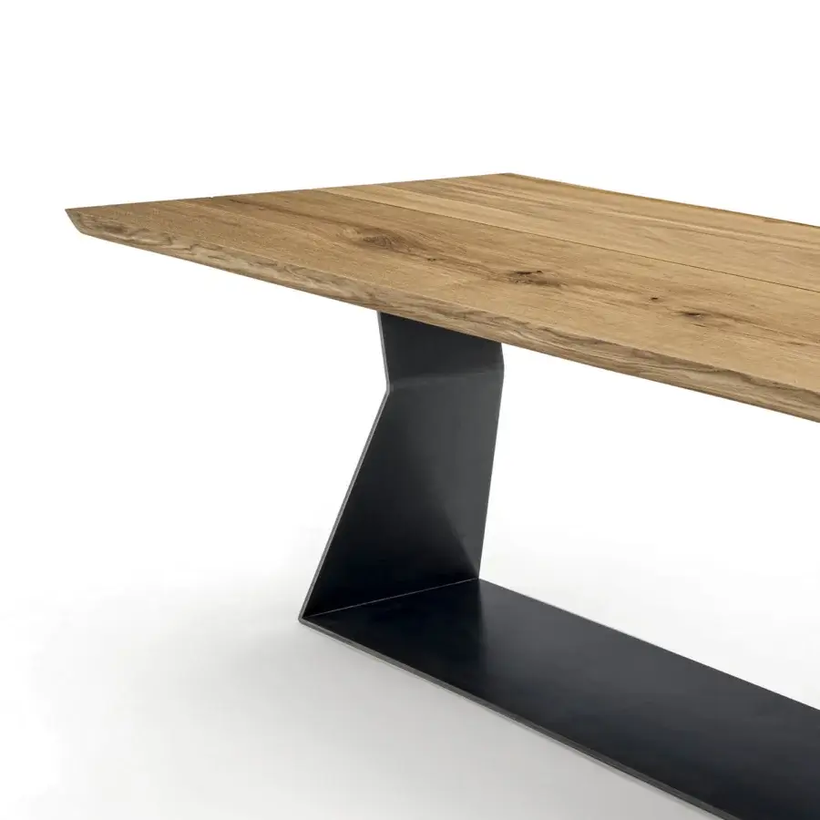 Exclusive Riva 1920 Bedrock Plank table with a monumental warm brown solid wood tabletop and sculptural matte black iron base