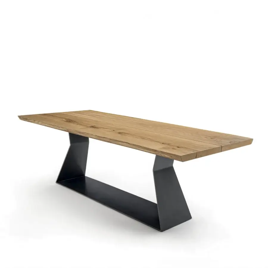 Distinguished Riva 1920 Bedrock Plank table crafted with a monumental warm brown solid wood surface and sculptural dark gray metal base with a matte finish