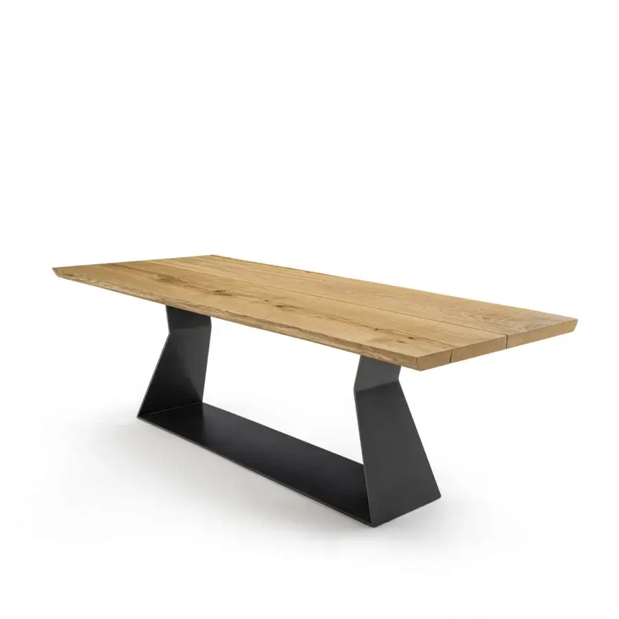 Superior Riva 1920 Bedrock Plank table built with monumental warm honey-toned solid wood and sculptural dark gray iron base with matte finish