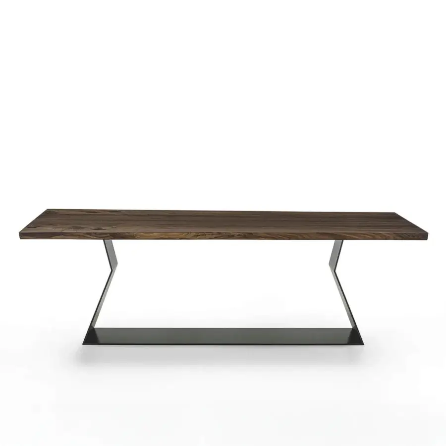 Exceptional Riva 1920 Bedrock Plank table built with monumental dark brown solid wood and a sculptural gray metal base