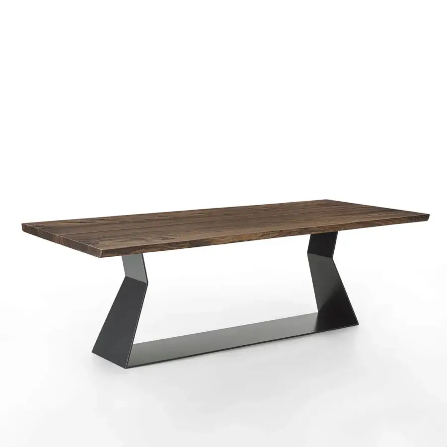 Superior Riva 1920 Bedrock Plank table built with monumental warm medium-brown solid wood and dark gray matte iron base