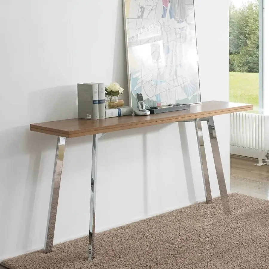 Distinguished Ivano Antonello Italia Ark console in wood with chromed steel, exhibiting a smooth satin finish