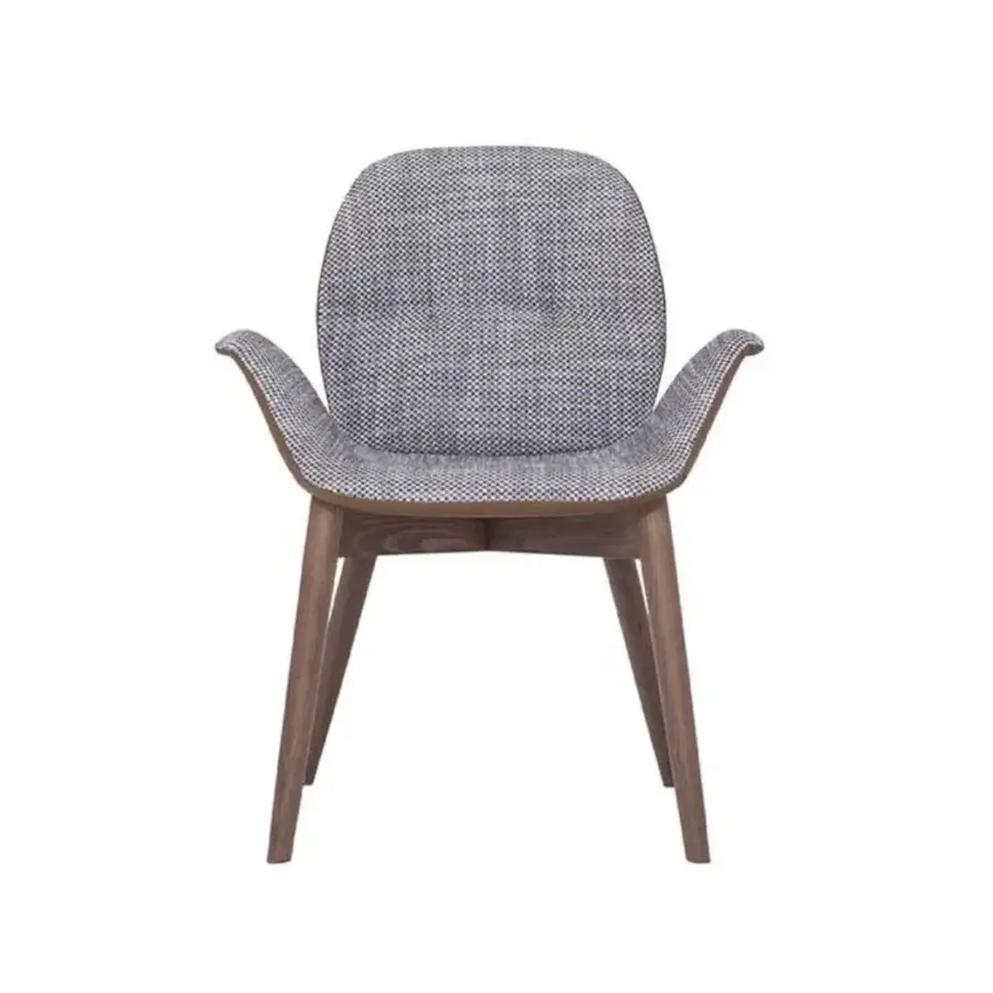 Exceptional Tonin Casa Sorrento Ésprit armchair crafted in Italy with gray and white textile upholstery and satin-finish wood