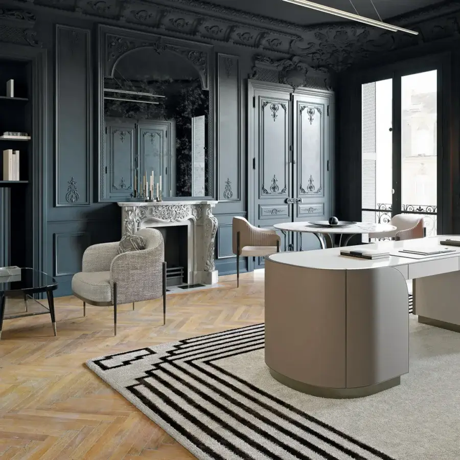 Distinguished Capital Oxford lounge chair with muted grey textile upholstery and splayed wooden legs in a satin finish