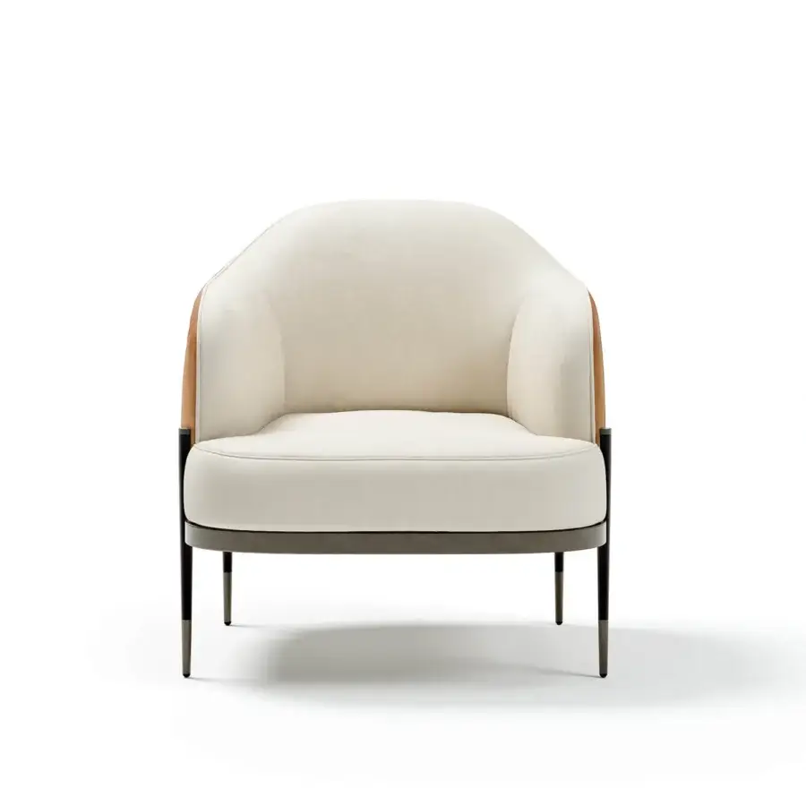 Distinguished Capital Oxford lounge chair with light-colored textured fabric upholstery and dark-toned metal legs crafted in Italy