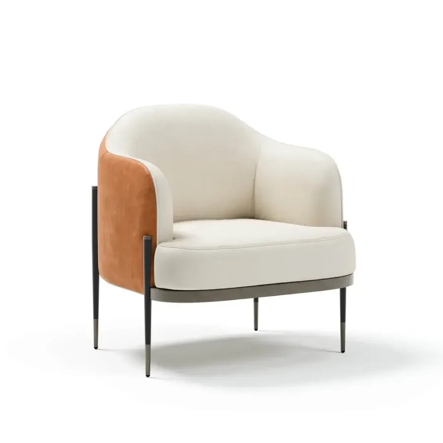 Exceptional Capital Oxford lounge chair with light beige woven fabric upholstery and reddish-brown quilted leather accents crafted in Italy