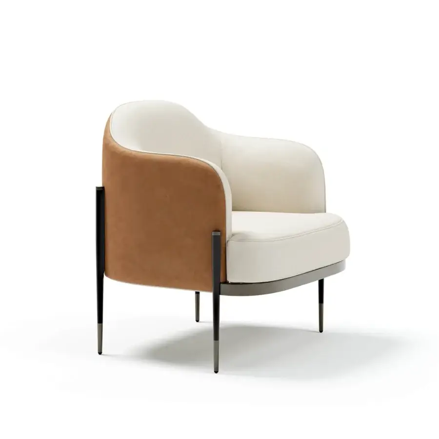 Architectural Capital Oxford lounge chair with textured light beige fabric and quilted brownish-tan leather, crafted with blackened metal legs