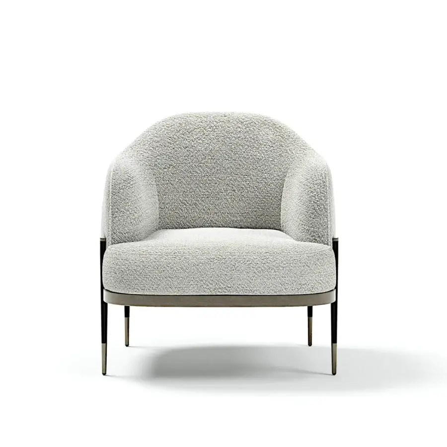 Exceptional Capital Oxford lounge chair with light neutral gray textured textile and quilted leather detailing with satin-finish metal legs