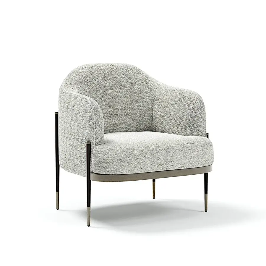Architectural Capital Oxford lounge chair with light neutral textile upholstery and smooth satin wood band