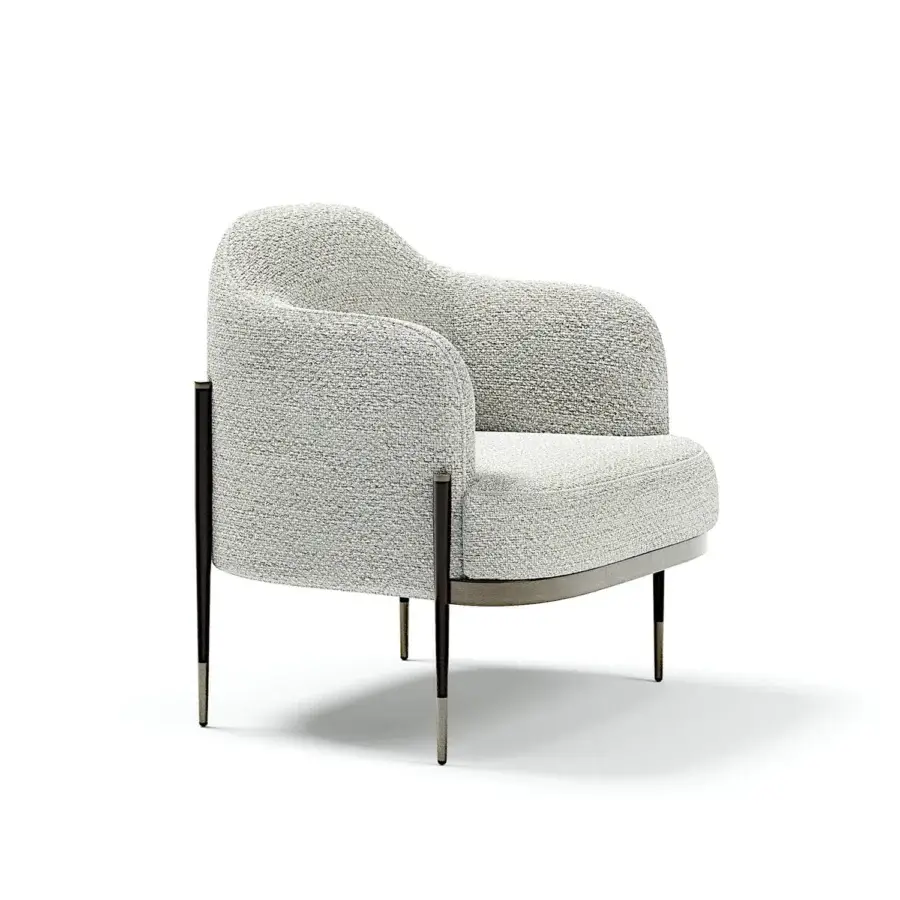 Superior Capital Oxford lounge chair with light neutral gray textured textile, quilted leather and dark satin metal legs