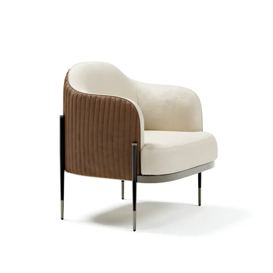 Elegant Capital Oxford lounge chair with light textile upholstery, brown vertically ribbed armrests and a dark metal frame crafted in Italy