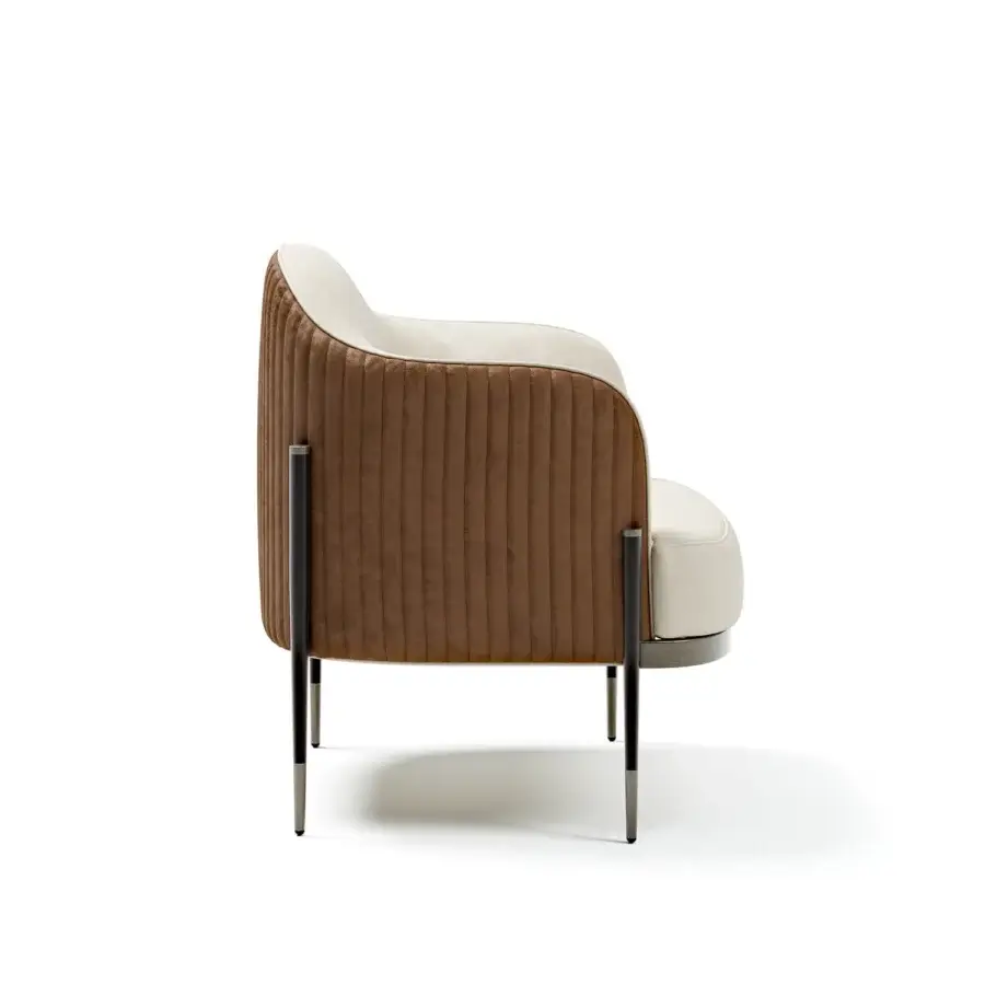 Distinguished Capital Oxford lounge chair with warm brown textured textile upholstery, cream seat cushion and dark metal legs