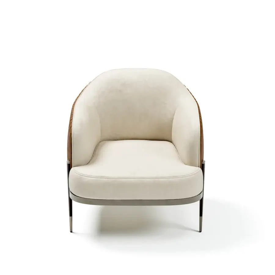 Distinguished Capital Oxford lounge chair with off-white fabric upholstery and a satin medium-brown wood frame