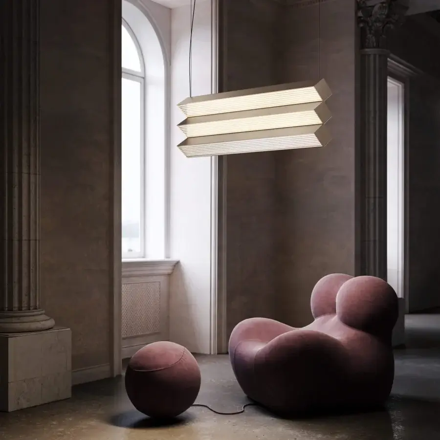 Elegant Contardi Stick Trio suspension lamp crafted in light beige metal with a smooth satin finish and gentle gradient layering