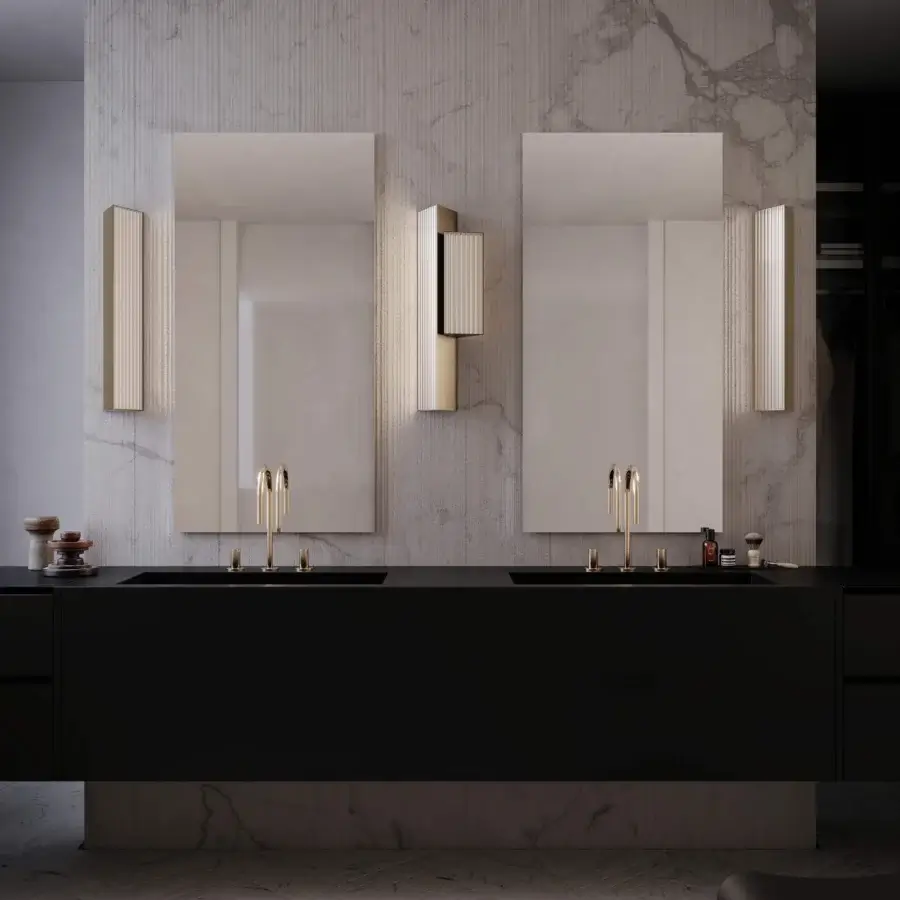 Elegant Contardi Stick Wall Lamp lighting with muted gold tone metal and textured ridged diffuser