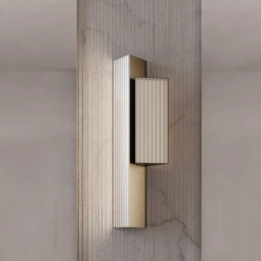 Superior Contardi Stick Double wall lamp in triangular-section metal with muted gold finish and textured ribbed diffuser