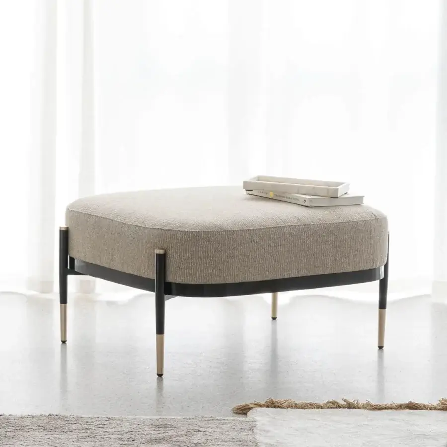 Superior Capital Oxford ottoman with neutral beige textile upholstery and gold-toned metal legs crafted in Italy