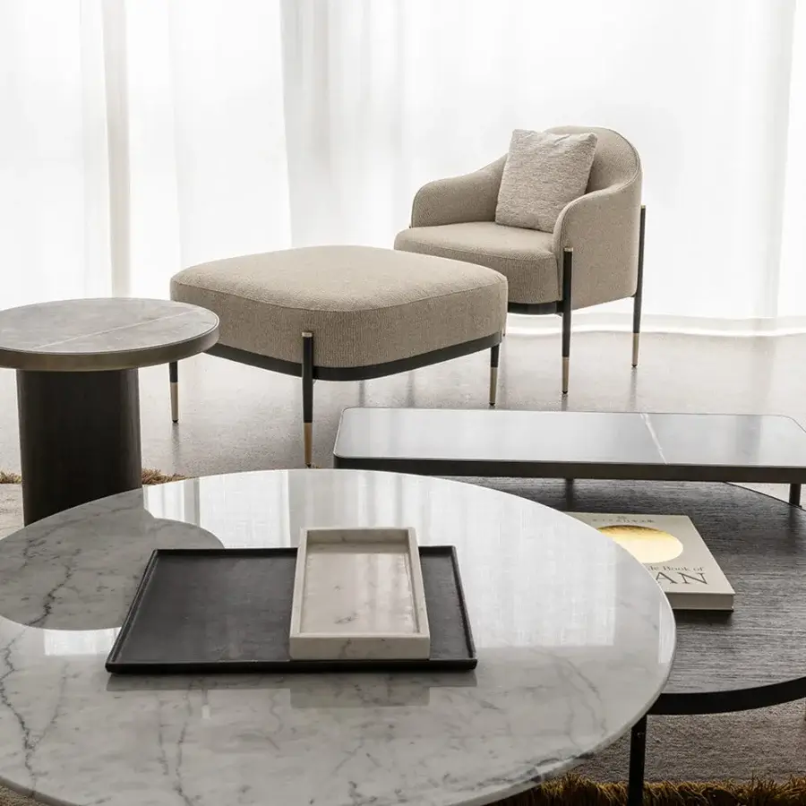 Exceptional Capital Oxford ottoman with neutral beige woven fabric upholstery and subtly angled wooden legs