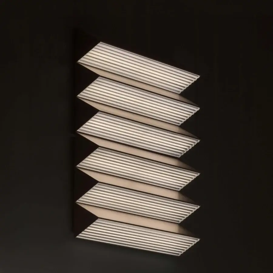 Exceptional Contardi Stick Trio wall lamp with ribbed glass-effect diffuser and dark stained wood backing crafted in muted bronze metal