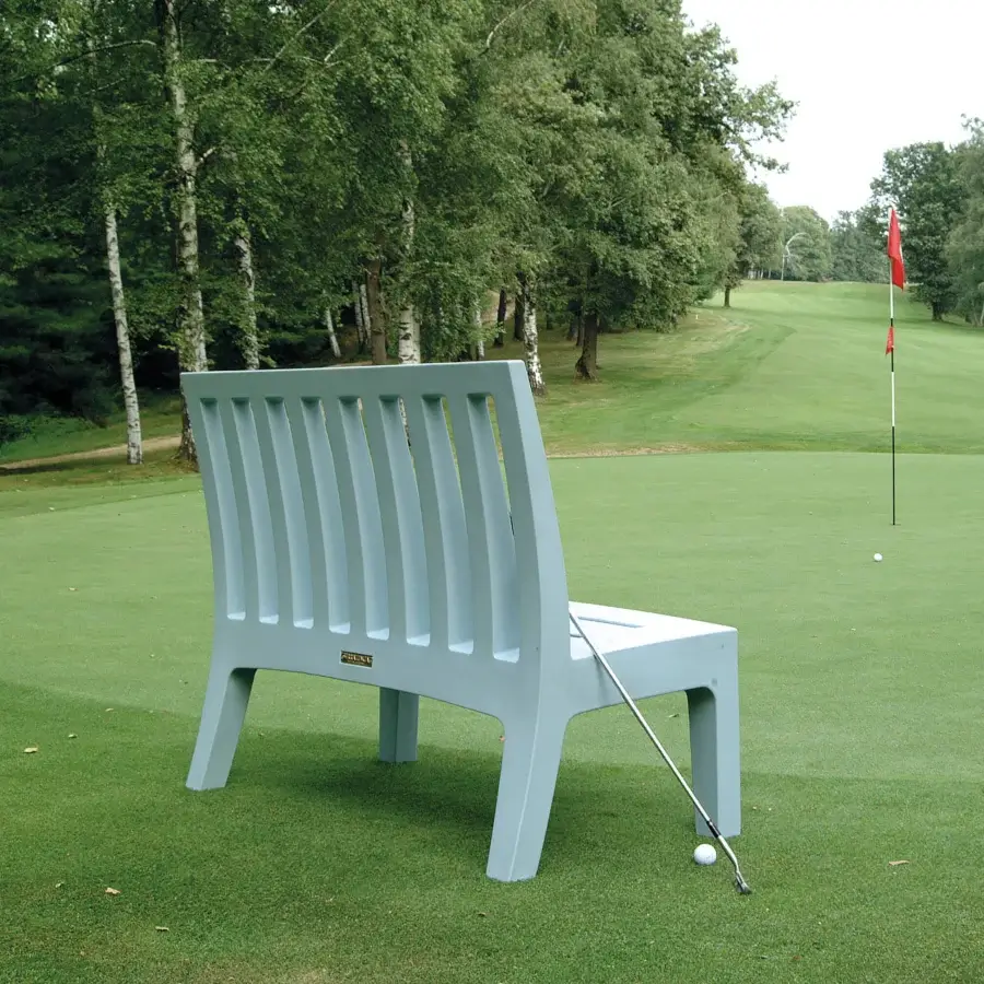 Elegant Serralunga Romeo bench crafted in muted grayish-blue recyclable LLDPE with a smooth matte finish